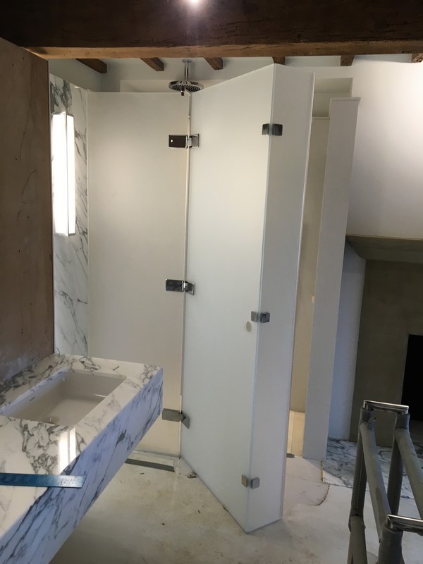 Bespoke frosted glass shower enclosure in East Molesey luxury bathroom